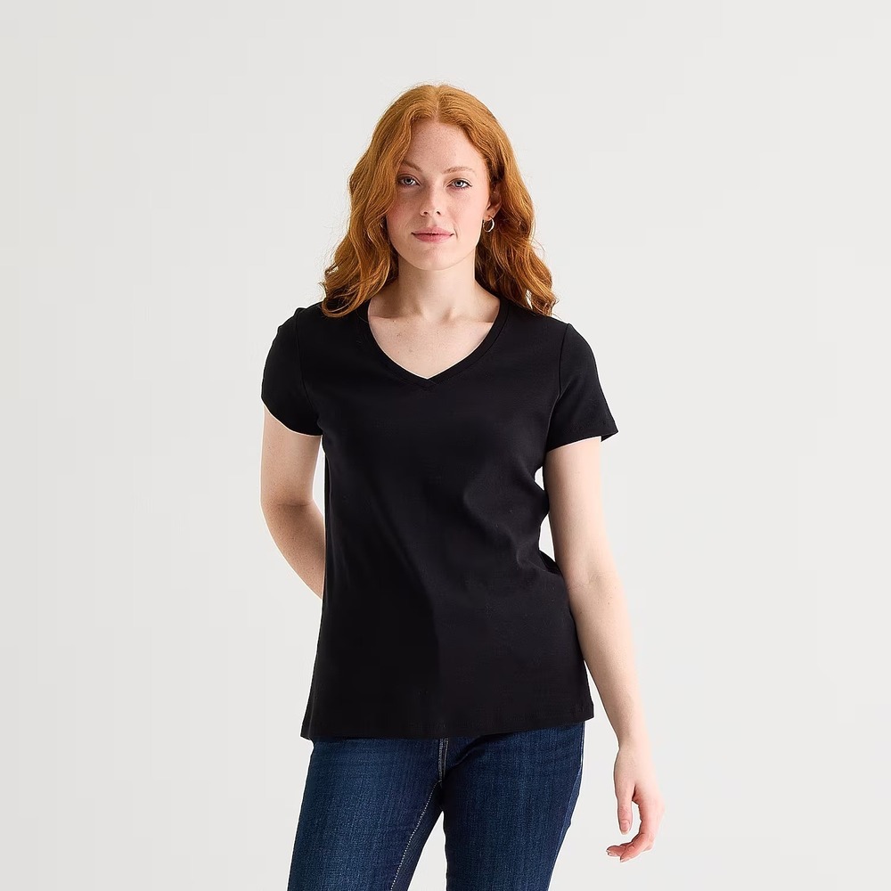 MSRP $16 St. John's Bay Womens Petite L Black V Neck Short Sleeve T-Shirt